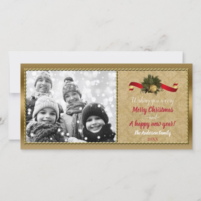 Tarjeta de Foto de Navidad con Campana de Oro Anti (Anverso)