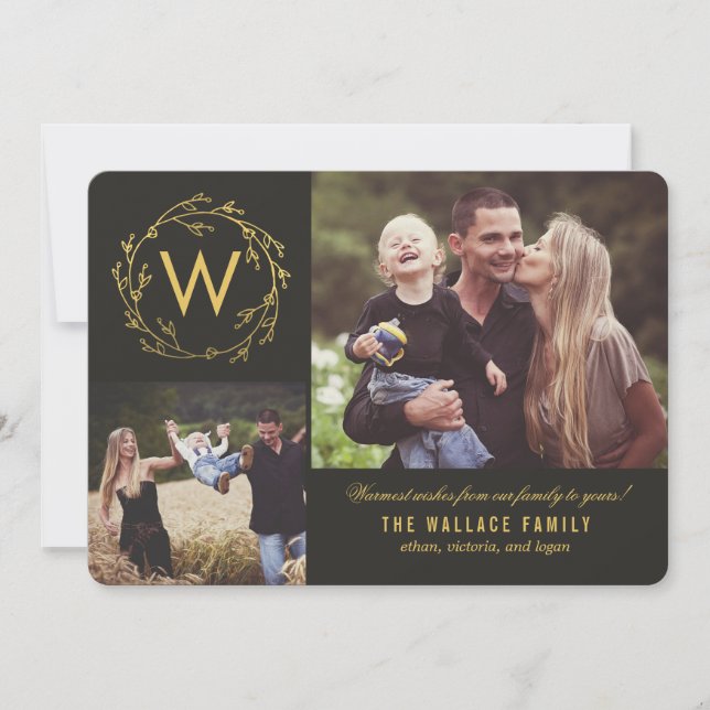 Tarjeta de Foto de Navidad con Corona de Monograma (Anverso)