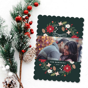 Tarjeta de Foto de Navidad con Corona Floral Verde