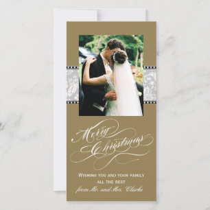 Tarjeta de foto de Navidad con damasco gris dorado