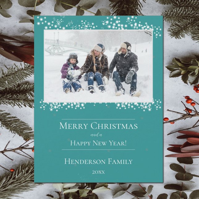 Tarjeta de Foto de Navidad con Estrellas de Navida (Teal Christmas Stars Holiday Photo Card)