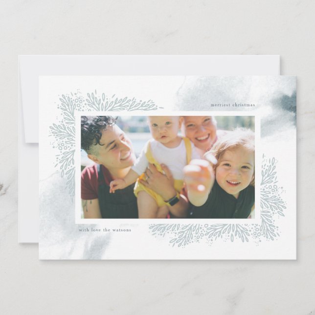 Tarjeta de Foto de Navidad con Flor de Acuarela de (Anverso)