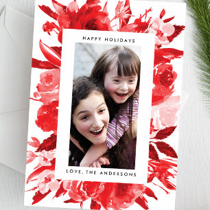 Tarjeta de Foto de Navidad con Floral Rojo