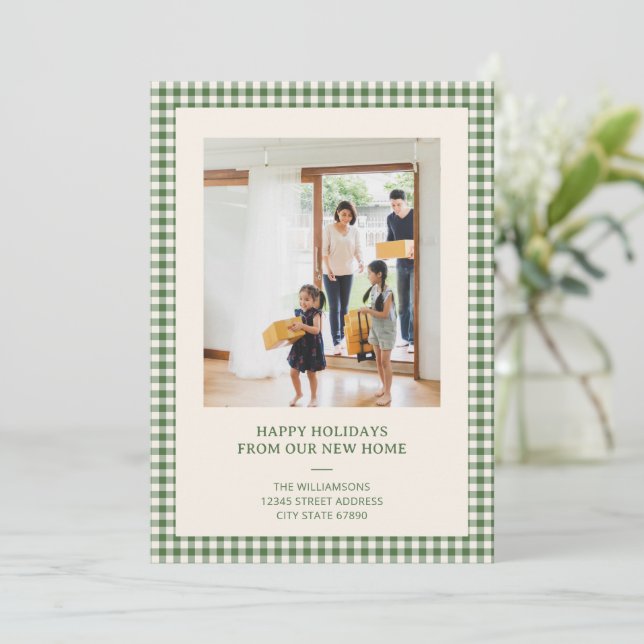 Tarjeta de Foto de Navidad con Gingham Verde y Nue (Anverso de pie)