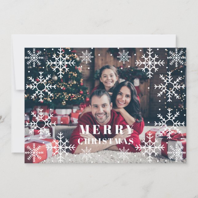 Tarjeta de foto de Navidad con marco de copos de n (Anverso)