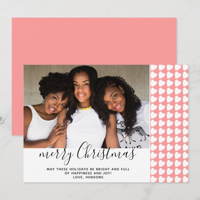 Tarjeta de Foto de Navidad Corazón Blanco Rosa (Anverso / Reverso)