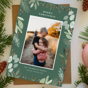 Tarjeta de foto de navidad de color verde del bosq