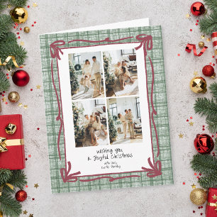 Tarjeta de foto de Navidad de cuadros verde vintag