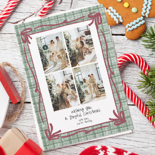 Tarjeta de foto de Navidad de cuadros verde vintag