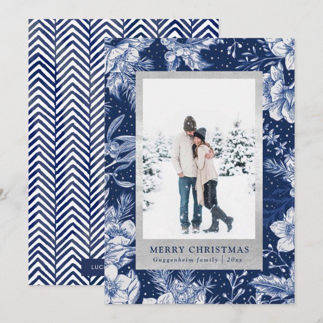 Tarjeta de foto de Navidad Deep Blue Winter (Anverso / Reverso)