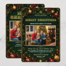 Tarjeta de Foto de Navidad Elegante Verde Dorado