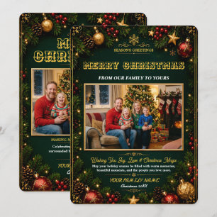 Tarjeta de Foto de Navidad Elegante Verde Dorado