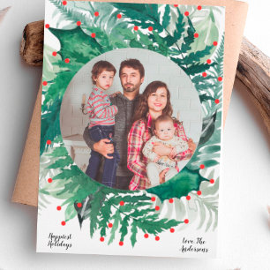 Tarjeta de Foto de Navidad Festiva Verde y Roja de