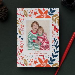 Tarjeta de Foto de Navidad Floral Bonita de Fiesta