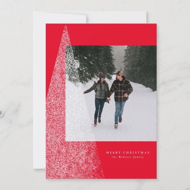 Tarjeta de foto de Navidad moderna con árbol nevad (Anverso)