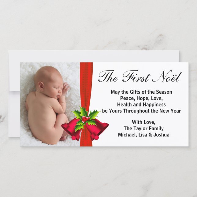 Tarjeta de foto de Navidad para bebé con campanas  (Anverso)
