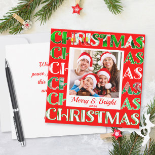 Tarjeta de Foto de Navidad Roja Verde Retro Festi