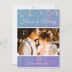 Tarjeta de foto de navidad Rustic Blue White Merry