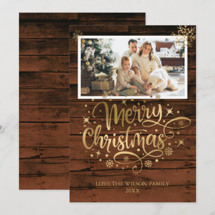 Tarjeta de foto de navidad Rustic Wood Gold Merry