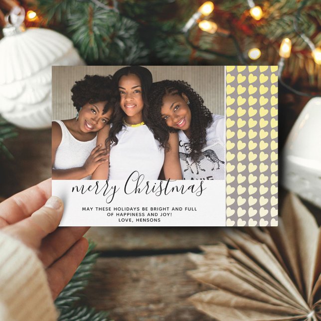 Tarjeta de foto de Navidad Yellow Gray Heart Merry (Subido por el creador)