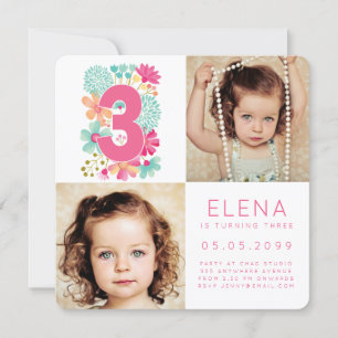 Tarjeta de foto de niñas en su tercer cumpleaños m