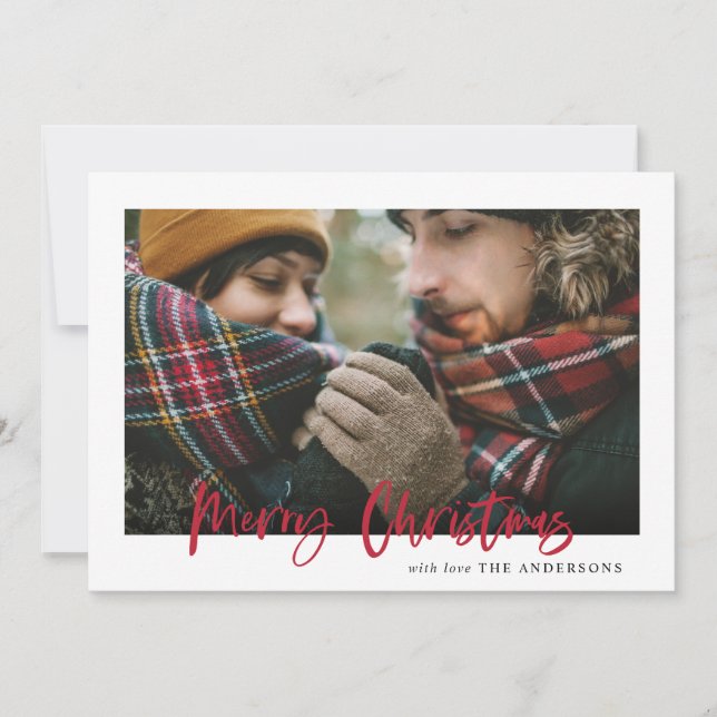 Tarjeta de foto de plaid de navidad roja (Anverso)