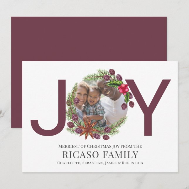 Tarjeta de foto de Plum Wreath de Feliz Navidad (Anverso / Reverso)