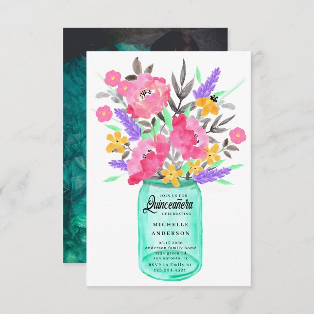 Tarjeta de foto de Quinceañera con bouquet floral  (Anverso / Reverso)