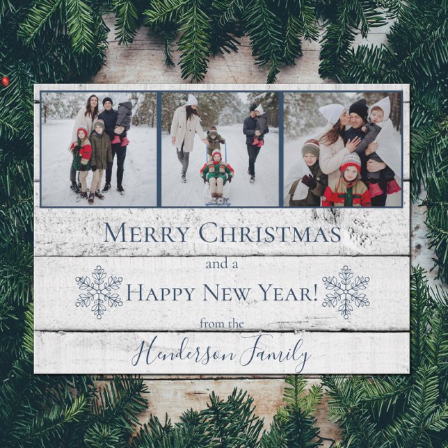 Tarjeta de foto de vacaciones azul rusa con copos  (Blue Rustic Snowflakes Holiday Photo Card)