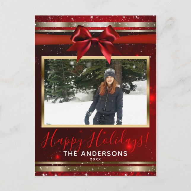 Tarjeta de Foto de Vacaciones con Lazo Rojo y Bril (Anverso)