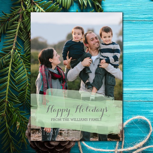 Tarjeta de Foto de Vacaciones con Pincelada de Acu (Green Watercolor Brushstroke Holiday Photo Card)
