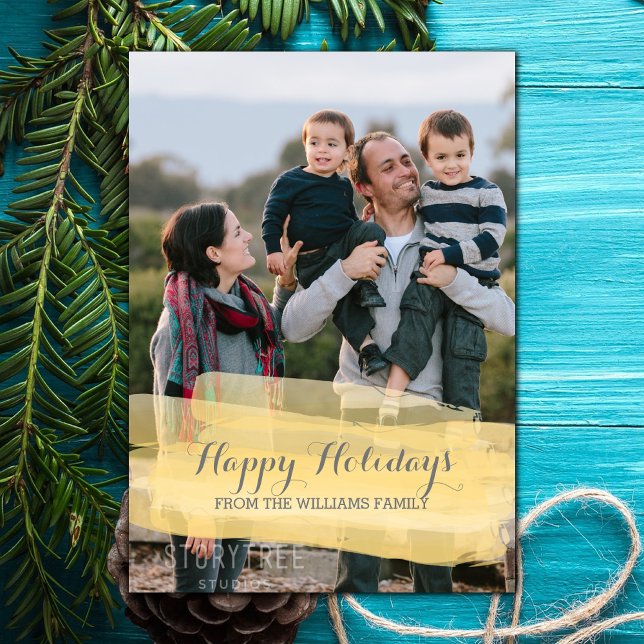 Tarjeta de Foto de Vacaciones con Pincelada de Acu (Yellow Watercolor Brushstroke Holiday Photo Card)