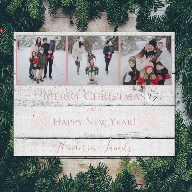 Tarjeta de foto de vacaciones plana con copos de n (Pink Rustic Snowflakes Holiday Photo Card)