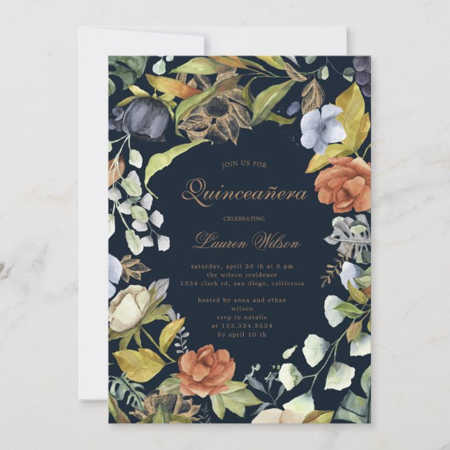 tarjeta de foto de zephyr azul floral quinceanera (Anverso)
