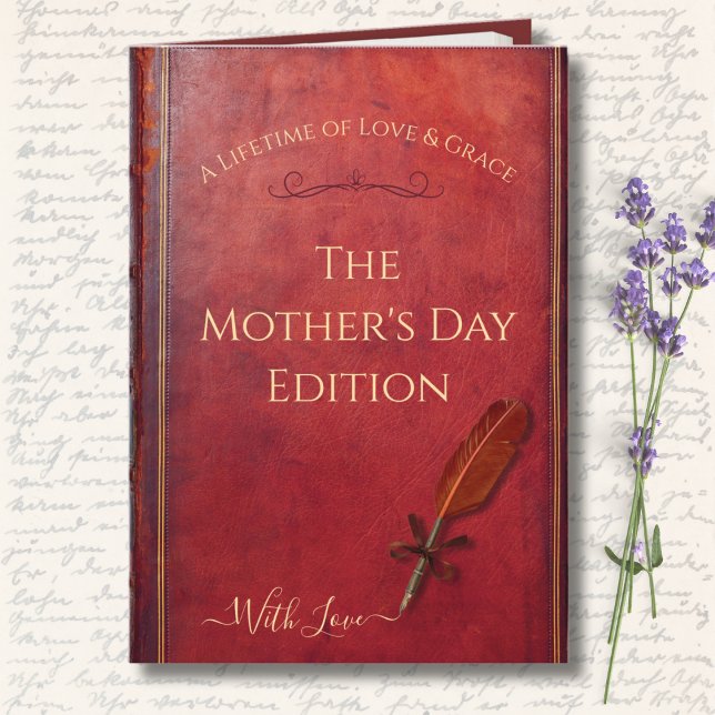 Tarjeta de Foto del Día de la Madre con Estilo de  (Elegant vintage red leather look with gold-tone typography and a classic quill design.)