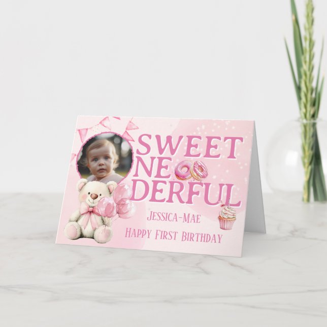 Tarjeta de foto del primer cumpleaños de niñas dul (Anverso)