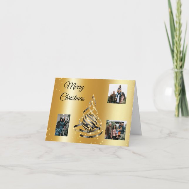 Tarjeta de foto doblada de árbol de Navidad dorado (Anverso)