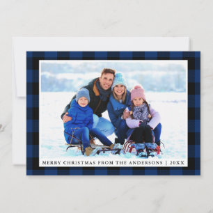 Tarjeta de foto familiar de cuadros azules Navidad
