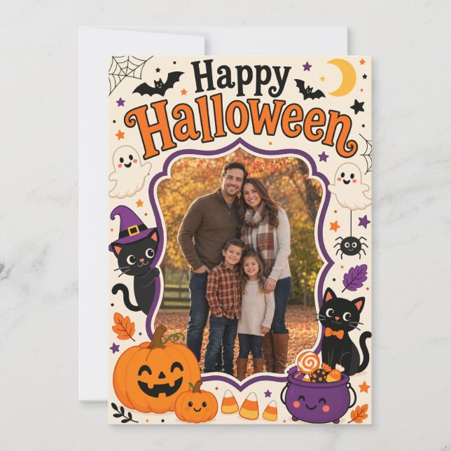 Tarjeta de Foto Familiar de Halloween Adorable | F (Anverso)