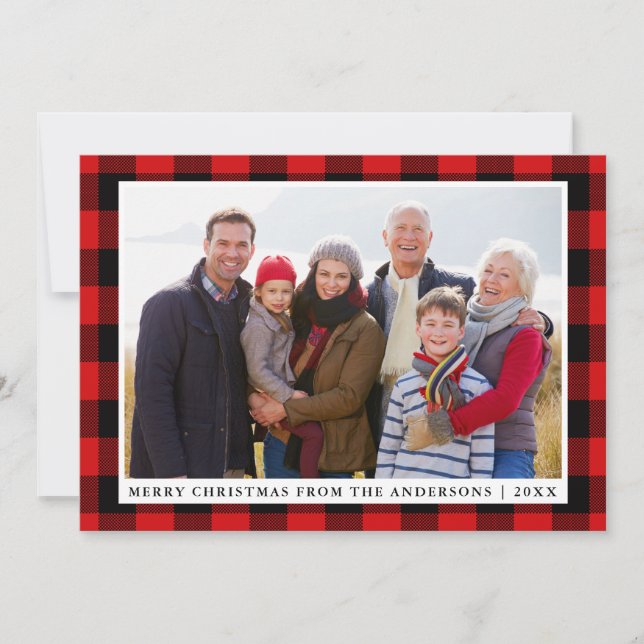 Tarjeta de foto familiar de Navidad con cuadros ro (Anverso)