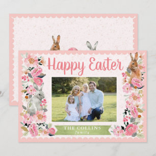 Tarjeta de foto familiar de Pascua con conejo flor