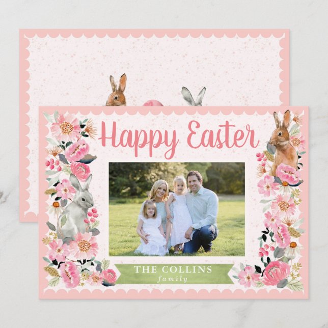 Tarjeta de foto familiar de Pascua con conejo flor (Anverso / Reverso)