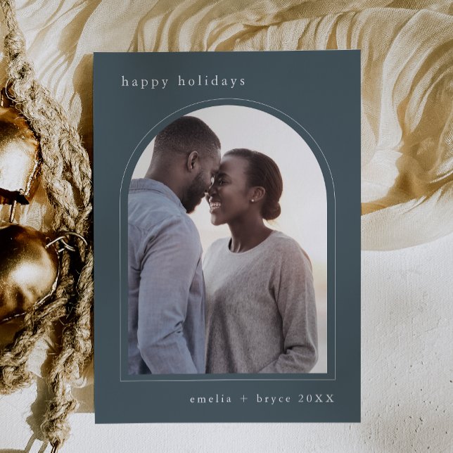 Tarjeta de Foto Familiar Lindo Vacaciones Felices  (EMELIA Blue Happy Holidays Cute Family Photo Holiday Card)