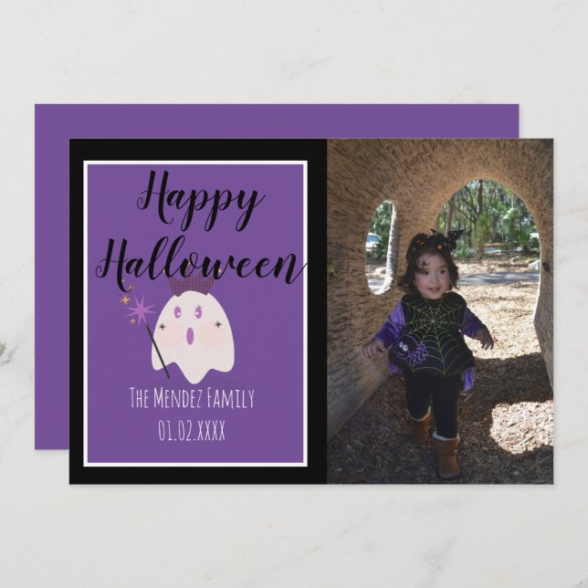 Tarjeta de Foto Fantasma Mágico Morado de Hallowee (Anverso / Reverso)