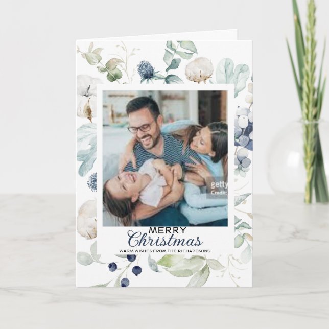 TARJETA DE FOTO FLORES AZULES BLANCAS FELIZ NAVIDA (Anverso)