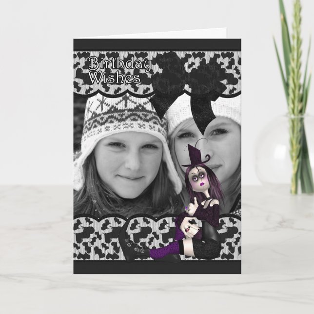 tarjeta de foto gótica de cumpleaños con cinta y e (Anverso)
