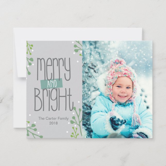 Tarjeta de foto Gris Merry y Bright (Anverso)