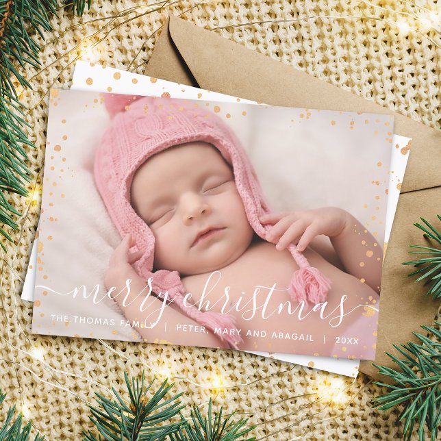 Tarjeta de foto moderna de oro Splash Merry Christ (Modern Faux Gold Splash Merry Christmas Photo Card)