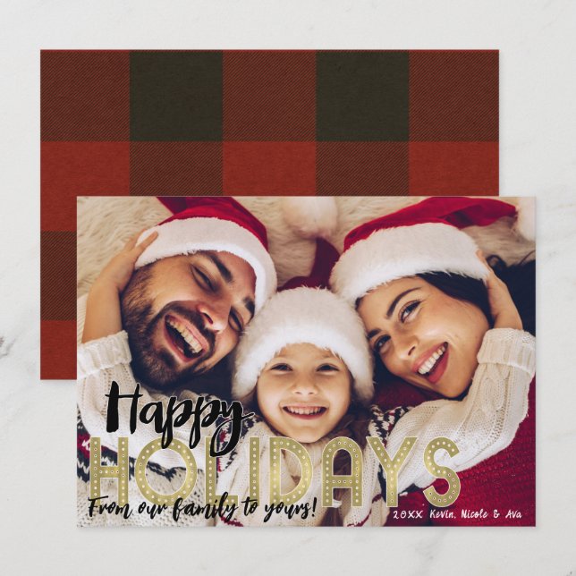 Tarjeta de Foto Navideña Cuadros de Búfalo Rojo Do (Anverso / Reverso)