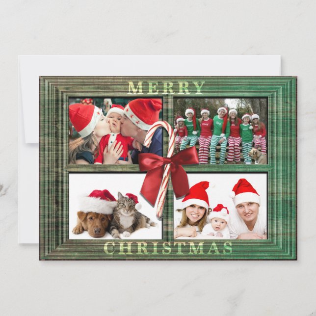 Tarjeta de foto navideña Merry Faux Faux Wood Fram (Anverso)